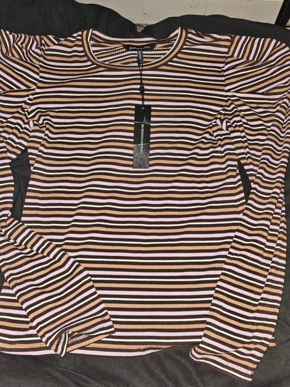BCBGMaxAzria Brown, Pink & White Striped Long Sleeve Ribbed Tee Puffed Sleeve